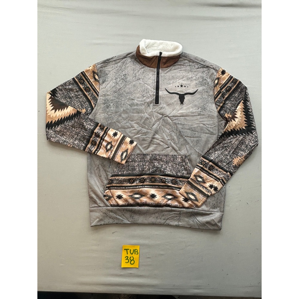 Mens Western Bull Skull Quarter Zip Pullover Grey Southwestern Aztec Fleece M